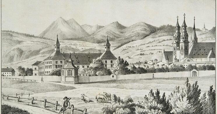 Historische Darstellung von Brixen mit Kirchen, Feldern und umliegender Berglandschaft.