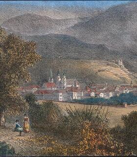 Historische Darstellung von Brixen mit Stadtansicht, Feldern und umliegender Berglandschaft.