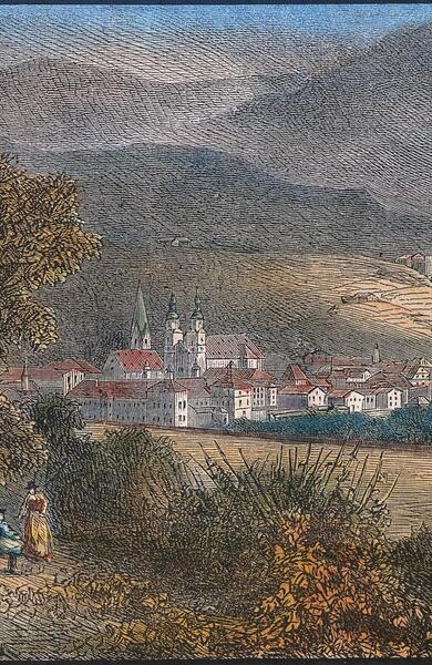 Historische Darstellung von Brixen mit Stadtansicht, Feldern und umliegender Berglandschaft.
